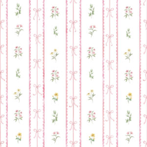 Papel de Parede Cottagecore Infantil Vintage Floral Laços Listras - 89860