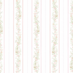 Papel de Parede Cottagecore Infantil Vintage Floral Listras Raminhos Rosa - 89884