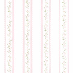 Papel de Parede Cottagecore Infantil Vintage Listras Raminhos Rosa - 89945